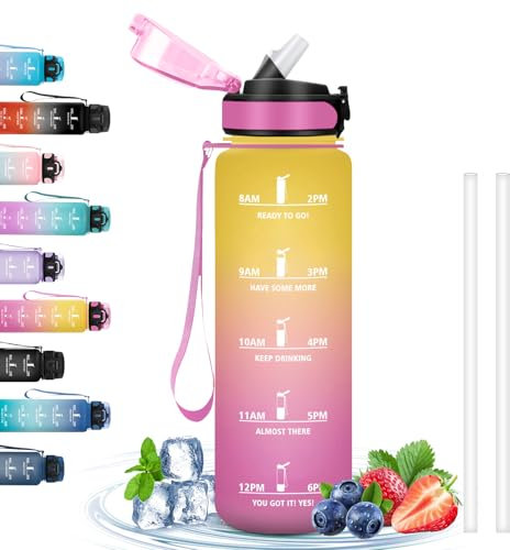 Gourde 1l, Gourde Sport pour Adulte, Gourde avec Paille Anti-Fuite, Gourde Motivation avec Slogan de Motivation, Gourdes de Camping et Randonnée, Facile à Nettoyer, pour Gym, Fitness, Cyclisme, Yoga