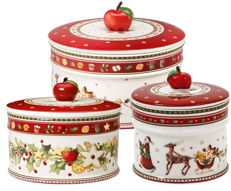 Villeroy & Boch Winter Bakery Delight Gebäckdosen-Set 3-teilig, 11 cm I 14 cm I 17 cm, Keksdosen mit Weihnachtsdekoren, Vorratsdosen aus Premium Porzellan, Rot-Weiß