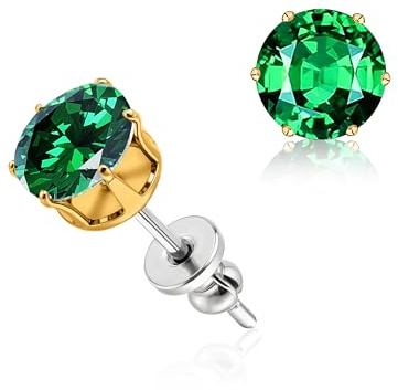 limerencia Titan Ohrringe Hypoallergen F136 Implantat Qualität Ohrstecker Runde Zirkonia 6 Prong Ohrstecker für Frauen und Männer mit empfindlichen Ohren(Grün, Gold)