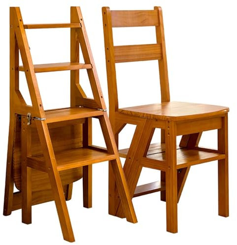 4 Tier Folding Step Ladder, 3-in-1 Wooden Folding Ladder Chair, Portable Multi-Function Step Stool, 198 lbs Capacity Indoor and Outdoor Display Rack Flower Rack,for Library,Home,Kitchen (Light Walnut)