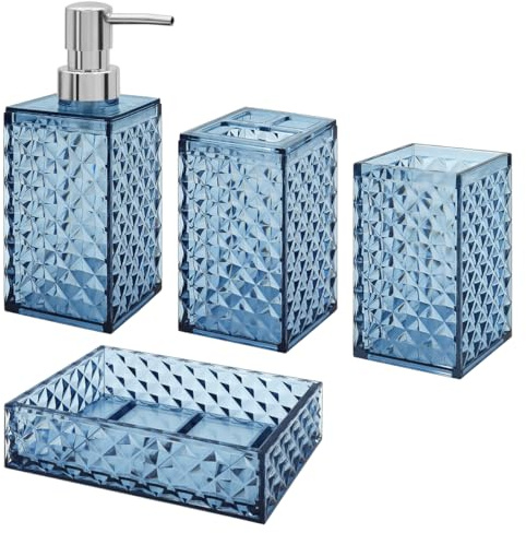 Bathroom Accessories Set, 4 Pcs Bathroom Decor Bathroom Sets Accessories, Diamond Soap Dispenser, Bathroom Tumbler, Soap Dish and Toothbrush Holder Set, Boho Bathroom Decor Blue