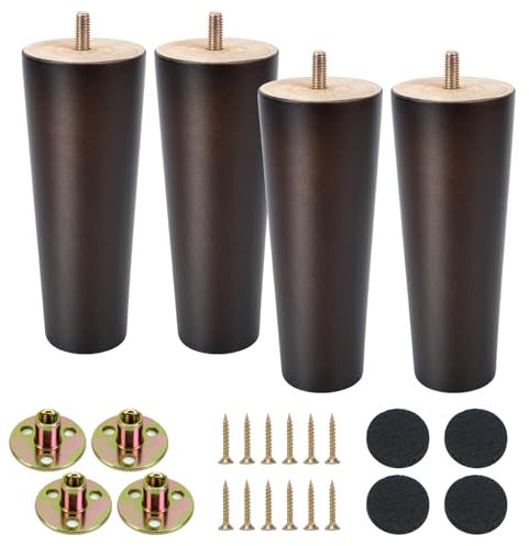 KINDPMA 4 Pièces 15cm Pieds de Meubles Bois de Couleur Noyer Coniques Massif Pieds de Table en Bois Pieds D'armoire Pieds de Canapé avec Plaque de Montage, Vis pour Canapé, Lit, Meuble TV, Table