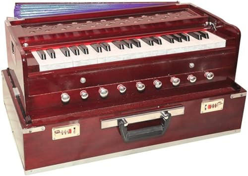 Bina Nr. 17 Deluxe-Harmonium, Edition 2024, 3 1/2 Oktaven, kariert und neu gestimmt von Aakrati Musicals, faltbar, spezielles Reeda, 9 Blendenstufen, Palisanderfarbe, indisches Keyboard, in den USA