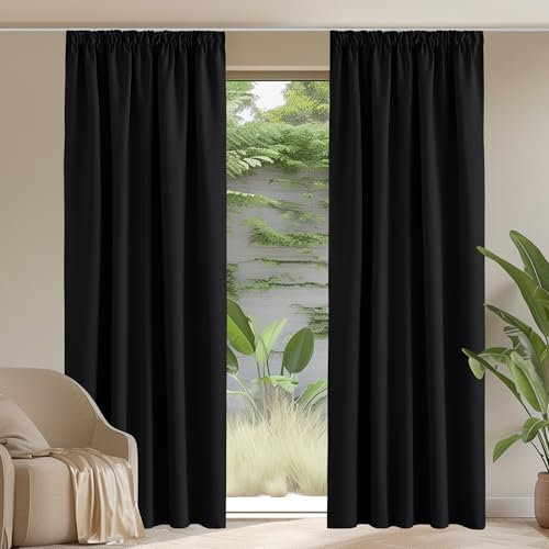PONY DANCE Schwarze Blickdichte Gardinen mit Kräuselband für Schiene 2er Set H 280 x B 140 cm Thermovorhang Kälteschutz Wohnzimmer Deko Vorhänge Wärmeisolierend Blackout Curtains