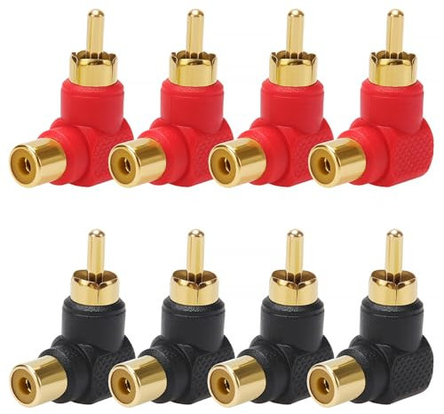 KUOQIY 8 Pièces Adaptateur 90 Degrés Plaqué Or, Adaptateur RCA Mâle vers Femelle à Angle Droit, pour Connexion Audio Stéréo, Rouges/Noirs