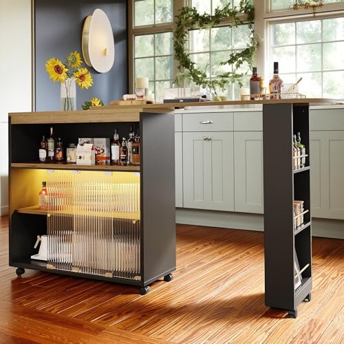 Cayipng Isla de Cocina Extensible, Mesa de Bar móvil, Armario, Carrito de Comedor telescópico con LED, Mesa Alta de Bistro, Lateral con Estante Abierto, Negro