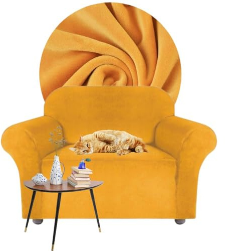 Domidekor - Sofa Überzug Senfgelb - Couch und Sofabezug 1 Sitzer - Sofaüberwurf für Wohnzimmer - Sesselbezug Stretch - Elastische Samt Couchbezug - Breite 90-140cm - Oeko-Tex 100