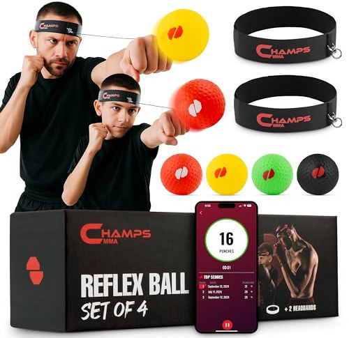 Champs MMA Reflex Ball Trainingsset, 4 Bälle mit App und 2 Stirnbänder, 7.6 cm Durchmesser