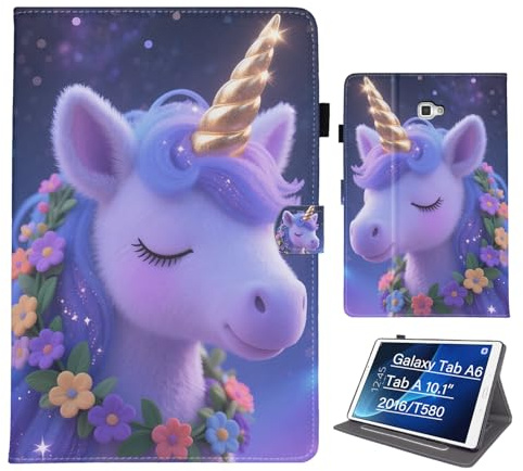 Bemoloon PU Tablet Case for Samsung Galaxy Tab A 10.1 2016 A6/T580/T585 Vibrant Colors & Stylish Patterns, Protection Cover, Scratch-Resistant, Auto Wake/Sleep, Dream Unicorn