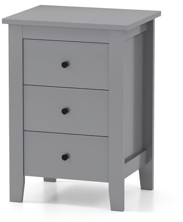 GIANTEX Juego de 1/2 Mesilla de Noche con 3 Cajones, 46 x 37 x 65 cm, Mesita de Noche de Madera, Cajonera de Almacenamiento con Patas, Mesa Auxiliar para Salón, Dormitorio (1, Gris)