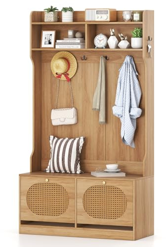 COSTWAY 4-in-1 Garderobenschrank mit Sitzbank, 2 Klappen, 4 Doppelhakengestellen & PE Rattan-Türen, Garderobenständer Schuhschrank Holz, Eingangsschrank für Eingangsbereich, 101,5 x 40 x 180 cm