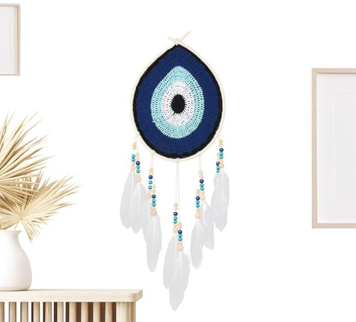 Traumfänger - große handgemachte Wand mit Federn und bösem Augen-Charme | Boho Dream Catcher für Schlafzimmer, Wohnzimmer, Kinderzimmer, Meditationsraum | Deko Geschenk