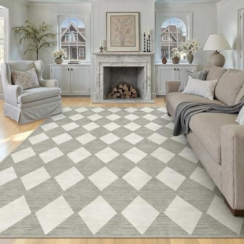 PureCozy Grau Waschbarer Teppich Wohnzimmer 240x300cm Kariert Groß XXL kurzflor rutschfest Weich Moderner Boho Teppiche für Schlafzimmer Küchen Esszimmer Bedroom Büro