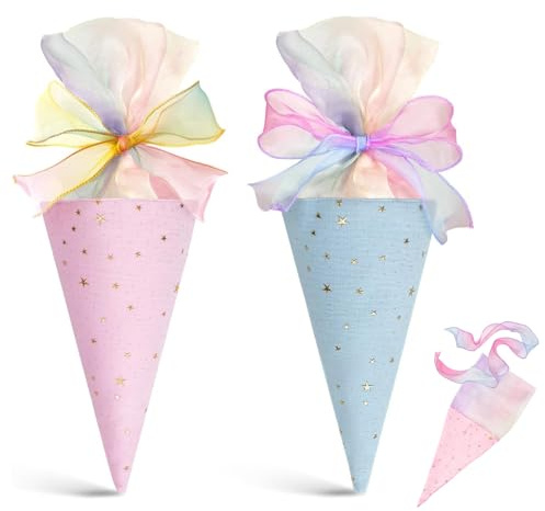 JCUQGDOO 2 Stück Geschenktüte Schultüte, Bunte Bänder mit Sternen, Geschenktüte Schule Schultüte Füllung, Kleine Zuckertüte Schultüten für Jungen Mädchen Studenten(Blau+Rosa)