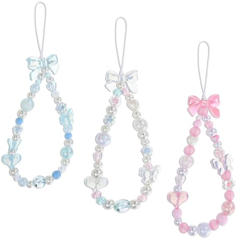 Zelphvt Beaded Phone Charm Lanyard Wrist Strap Cute Bow Butterfly Love Heart Flower Beaded Charm Phone Bracelet Keychain Cellphone Charms Strap for Women, Blue, Pink, White