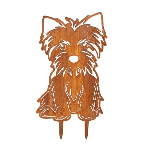 Kapaga - Edelrost Gartenstecker Yorkshire Terrier - Rost Deko - 35x23cm | Hund Rostfigur Gartendeko für Draußen - stabile Metall Gartenfigur aus Stahl - Wetterfest für Beet Terrasse