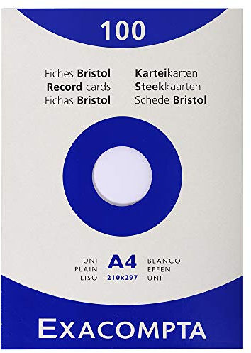 Exacompta 13306E Packung (mit 100 Karteikarten, ungelocht DIN A4, 210 x 297 mm, 205 g, blanko, ideal für die Schule) 1er Pack weiß
