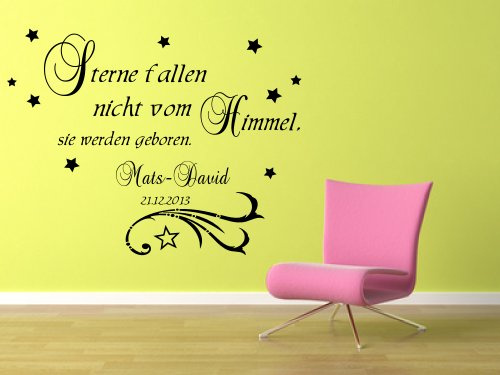 XXL Wandtattoo mit Namen fürs Kinderzimmer, Geschenk zur Taufe oder Geburt für Kinder, Baby ~ Sterne fallen nicht vom Himmel, sie werden geboren - in Schwarz für Jungen, Mädchen ~ 68032-130x100 cm Wandaufkleber Wandtatoos Sticker Aufkleber für die Wand, Fensterbild, Tapetensticker - weitere 32 Farben zur Wahl