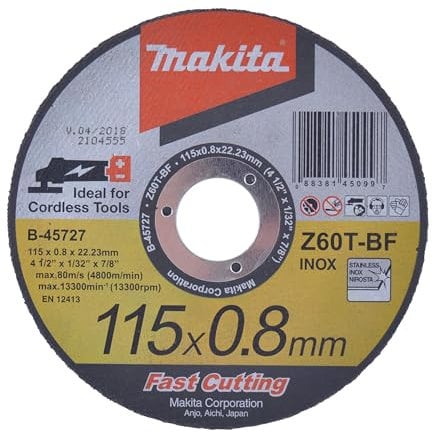 Makita B-45727 Trennscheibe INOX 115 x 0,8 mm, 12 Stück in Kunststoffdose, Fast Cutting, extra dünn, für Stahl, Edelstahl, Z60T-BF, EN12413, bestens geeignet für Akku-Winkelschleifer