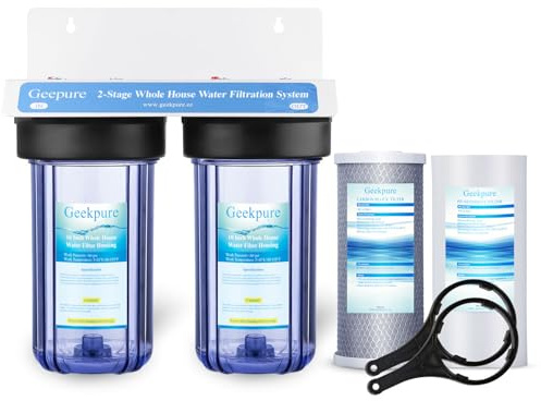 Geekpure Sistema di filtraggio dell'acqua per uso domestico a 2 stadi con alloggiamento trasparente da 10 pollici e filtri in PP e carbone -1 BSP