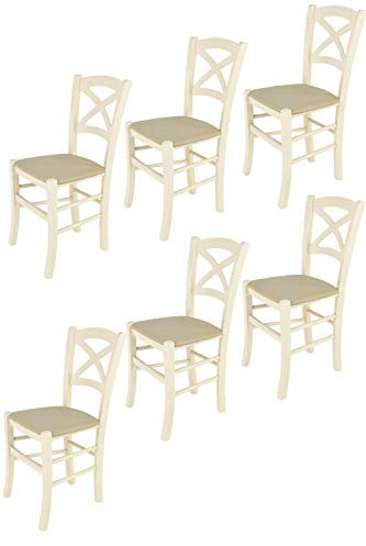 t m c s Tommychairs - 6er Set Stühle Cross für Küche und Esszimmer, Robuste Struktur aus lackiertem Buchenholz in der Anilinfarbe Weiss und gepolsterte Sitzfläche mit Stoff in der Farbe Hanf bezogen