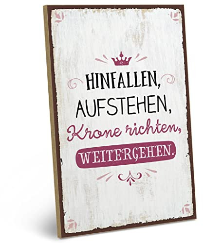 ARTFAVES® Wandbild Holzschild mit Spruch - HINFALLEN, AUFSTEHEN, KRONE RICHTEN - Türschild Retro Vintage Deko Bild Geschenk - Trends, witzige Sprüche
