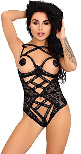 LivCo Corsetti Body in schwarz mit Blumenmuster brustfrei elastisch mit Spitze