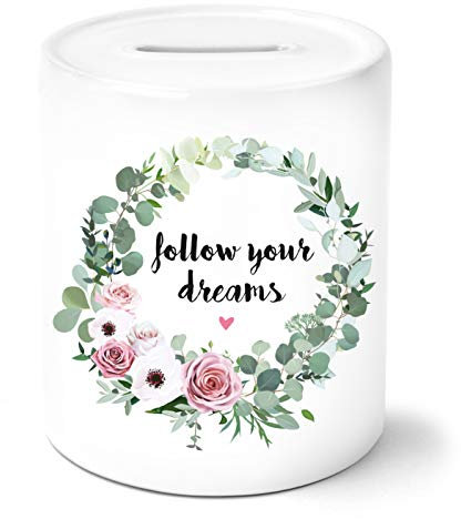 OWLBOOK Follow Your Dreams mit Blumenkranz Spardose Personalisiert mit Namen Geschenke Geschenkideen für Mädchen zum Geburtstag