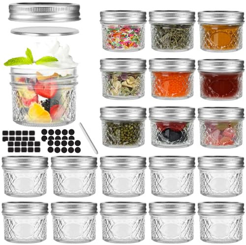Mini Mason Jars 120 ml 4 oz - 20 Pack, Regular Mouth Mason Jar with Lids and Seal Pats, Small Glass Cannings Jar for Spice, Jam, Honey, Jelly, Dessert, Shower Wedding Favors, DIY Decor