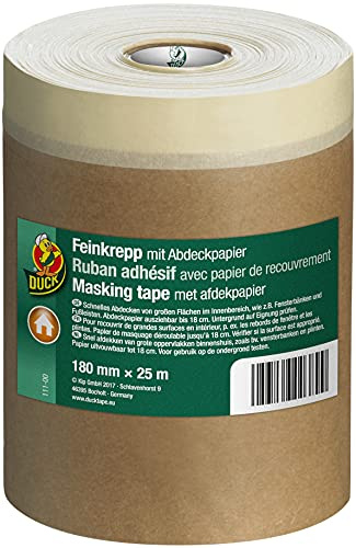 Duck Feinkrepp mit Abdeckpapier, 180mm x 25m | Malerkrepp mit Abdeckplane, Streichen & Lackieren, PE-Malerfolie, 2-in-1