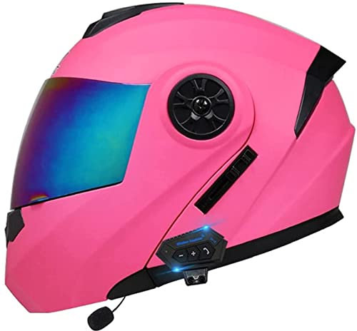 Cascos De Motocicleta con Bluetooth Modular Flip Up Touring Cascos Auriculares Bluetooth De Dos Altavoces Integrados con Micrófono Cascos De Protección Aprobados por Dot / ECE, Rosa A,M=57~58CM=