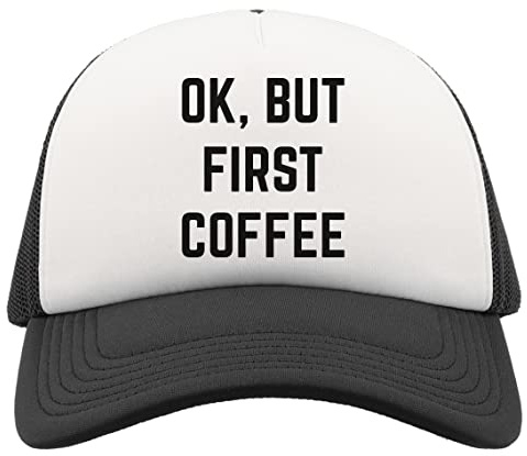 Generic OK But First Coffee Half Mesh Trucker Cap Baseball Hat Snapback Black