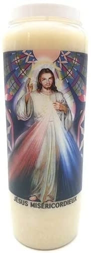 Novena Gebetskerze im Glas, 18 x 7 cm, 100 % pflanzlich, Brenndauer 9 Tage, 216 Stunden (Jesus Misericordios)