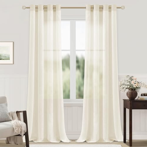MRTREES 2 Pezzi Tende per Interni Voile in Lino per Cmera da Letto con Occhielli Tende Semitrasparenti per Soggirono Moderne Tenda Trasparente Leggera per Finestra Bianco avorio 140x260 CM