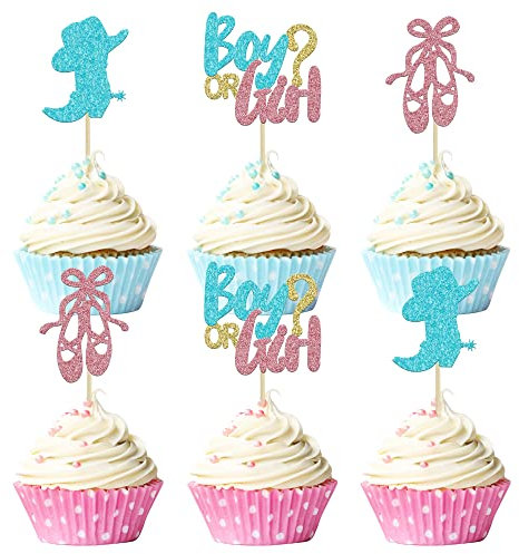 Gyufise 24Pcs Boy or Girl Cupcake Toppers Boots or Ballet Shoes Gender Reveal Cupcake Picks Baby Shower Cake Topper Decorations for Kids Birthday Party Cake Decorations Supplies