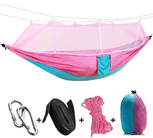 Camping Hammock with Mosquito Net,1-2 Lightweight Portable Outdoor Camping Hammock Nylon Hammock Tent with Tree Straps for Indoor, Camping, Hiking, Backpacking, Beach,Backyard,Pink and Sky Blue