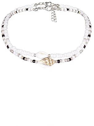 Muschelkette Lang, Layered Kette Versilbert Schale und Perle Halskette Silber Weiß Schwarz Frauen Schmuck 39.5CM