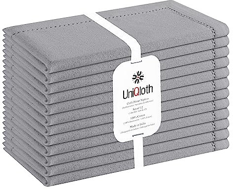 UniQloth 12er-Set Stoffservietten mit Hohlsaum - Für Familienessen, Feste, Partys & den täglichen Gebrauch - Weich Gemütlich Maschinenwaschbar 100% Baumwolle Servietten 46x46 cm Grau