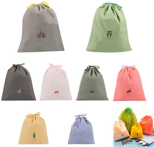 EMITUOFO Wasserdicht Packbeutel Set, 8 Stück Koffer Organizer Reisebeutel Organizer Tunnelzug Packsack Aufbewahrungsbeutel Schuhbeutel Bunt Packbeutel für Kosmetik Unterwäsche Koffer Sport Schuhe