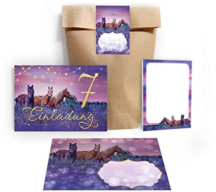 Junapack 12 Einladungskarten zum 7. Kindergeburtstag siebte Geburtstag Mädchen Pferde Pferd incl. 12 Umschläge, 12 Tüten/natur, 12 Aufkleber, 12 Blöcke