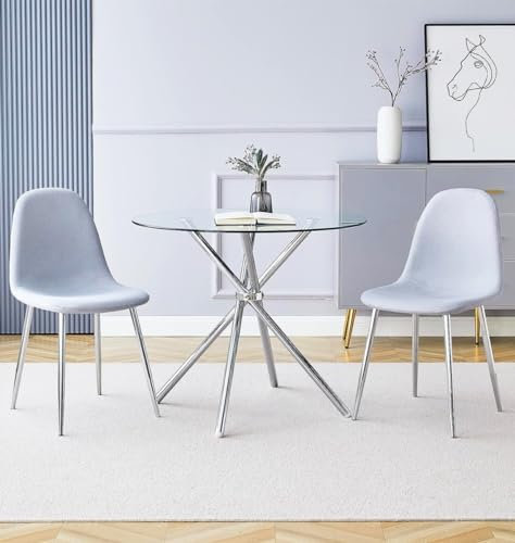 Hallowood Furniture Cullompton Kleiner Glas-Esstisch und Stühle, Set 2, runder Esstisch (90 cm) und graue Stoffstühle, Küchentisch und Stühle, Esszimmer-Sets für Zuhause und Café