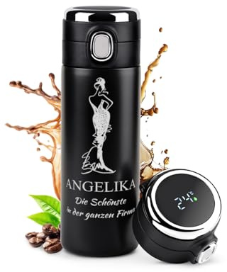 Maverton Thermobecher Kaffeebecher mit Gravur 400 ml, Trinkflasche | Auslaufsicher 100% dicht, Thermo Trinkflasche mit LED-Temperaturanzeige, Travel Mug Geschenk für Frauen, schwarz, Dame