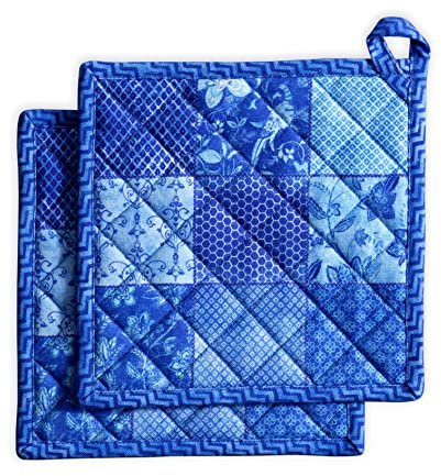 Maison d' Hermine Topflappen, 100% Baumwolle, 2er-Set (20cm x 20cm) Oster-Hotpads, hitzebeständig, mit Schleife-Topfhalter zum Backen, Grillen, Zuhause, Indigo Love – Frühling/Sommer