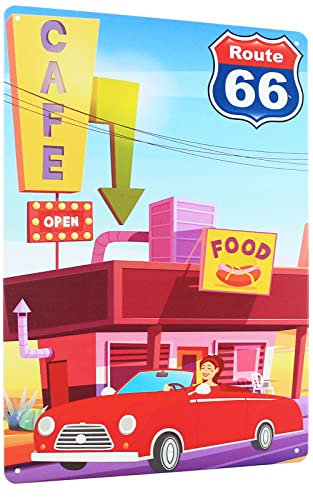 Route 66 Schild Metall Blechschild Road Trip Vintage Chic Art Metalldruck Wanddekoration für Garage Home Club Bar Kaffee Größe 20,3 x 30,5 cm