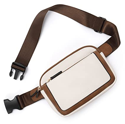 CLUCI Gürteltasche für Damen, Mini-Umhängetasche, Verstellbarer Riemen, veganes Leder, Gürteltasche für Damen, A-0 Off White with Brown, Einheitsgröße