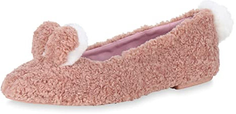 VAN HILL Damen Klassische Ballerinas Kunstpelz Slipper Pom Poms Slip-Ons 148244 Rosa 39
