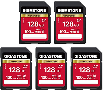 GIGASTONE Kamera Plus 128GB SDXC Speicherkarte 5er-Pack bis zu 100 MB/s für Digitalkameras Canon Sony Olympus, 4K UHD Videoaufnahmen UHS-I U3 V30 Klasse 10, mit 5 Mini-Hülle