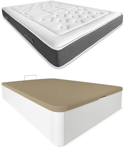 DUÉRMETE ONLINE Weiß, viskoelastische Matratze, Bio-Natur, Dicke 24 cm + Boxspringbett aus Holz, hohe Kapazität, Farbe, 90 x 190 cm