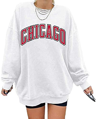 GeGekoko Damen übergroße Sweatshirt CHIGAGO Oversized Langarmshirt Rundhals Pullover Casual Oberteile Tops