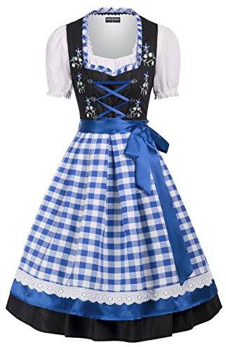 SCARLET DARKNESS Oktoberfest Damen Outfit Dirndl Midi 3tlg Dirndl Bluse Dirndlschürze Knielang Trachtenkleid mit Spitze Blau Weiß Plaid M